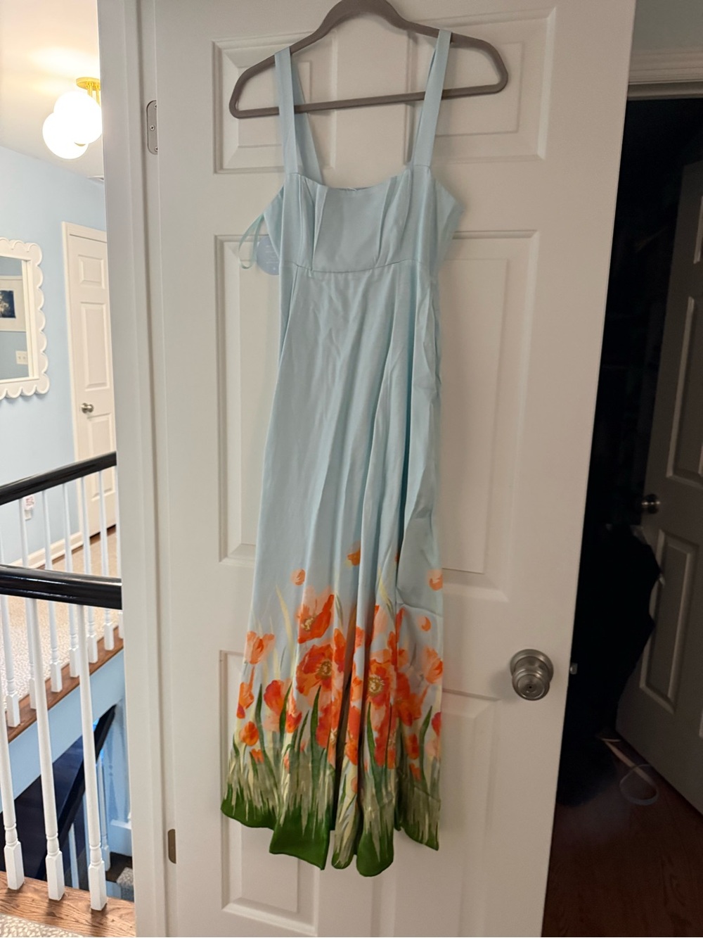 Hill House Rowena - Light Blue Floral Maxi Dress with Orange Poppy Print - Picture 3 of 10